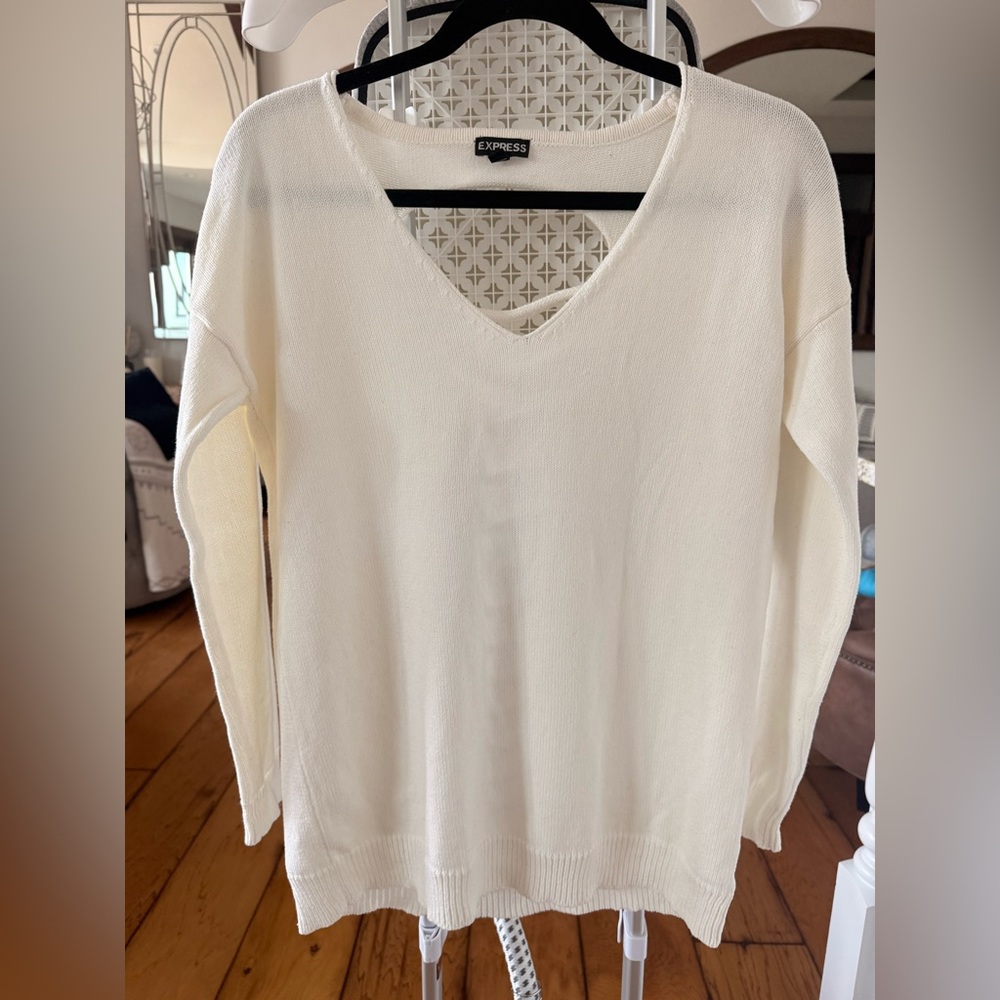 Express Women's oversized V-Neck Cream Sweater with back cut-outs